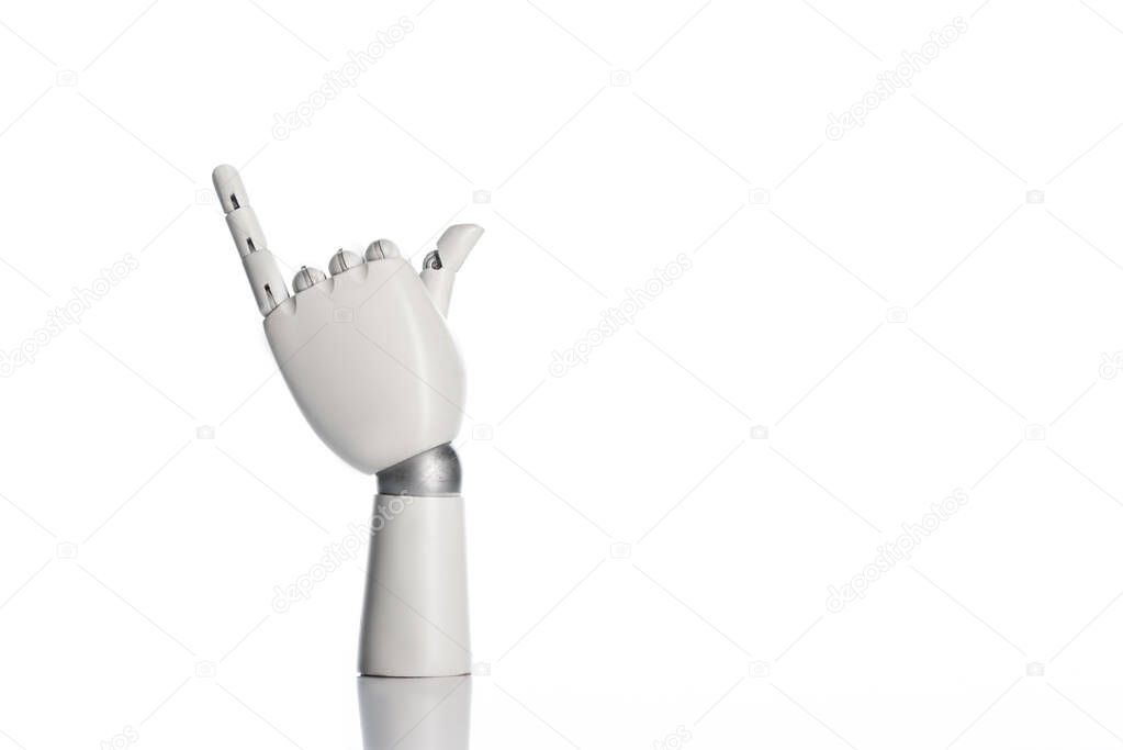 robotic hand showing call me gesture isolated on white 