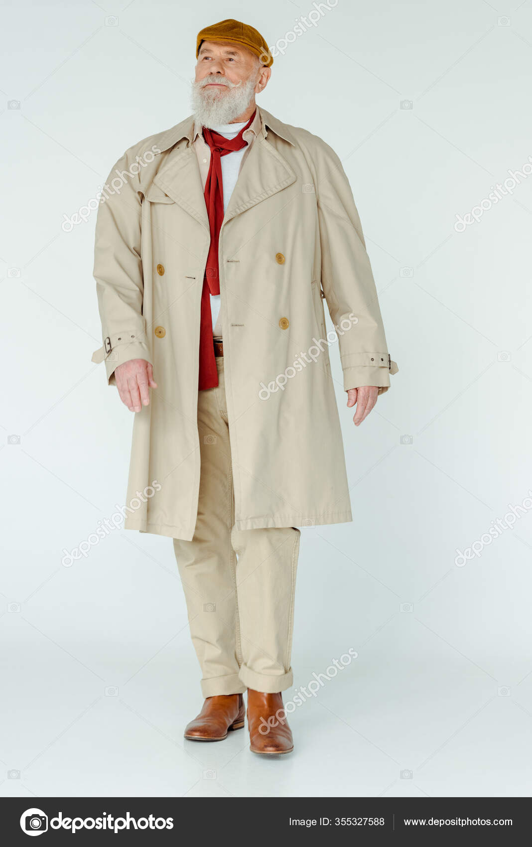 Full Length Stylish Senior Man Trench Coat Looking Away White