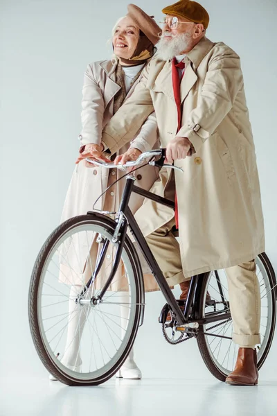 Full Length Elegant Senior Woman Smiling Away Handsome Man Bicycle — Stock Photo, Image