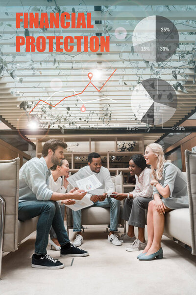 young multicultural businesspeople sitting in office lounge while having discussion, financial protection illustration 
