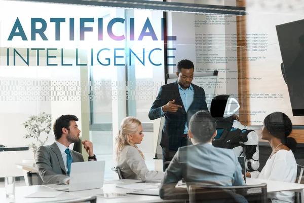 Handsome African American Businessman Showing Robot Multicultural Colleagues Office Artificial — Stock Photo, Image