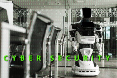 Modern ofisin konferans salonunda duran insansı robotun seçici odak noktası, siber güvenlik illüstrasyonu