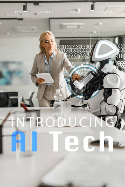 selective focus of attractive businesswoman operating robot while holding digital tablet, ai tech illustration