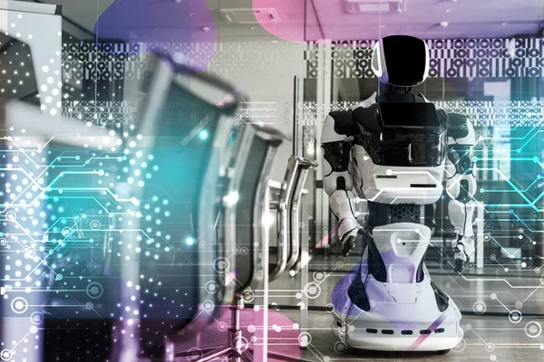 Modern Irodai Konferenciateremben Álló Humanoid Robot Szelektív Fókusza Cyber Illusztráció — Stock Fotó