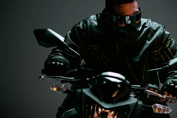 Selective Focus Racial Cyberpunk Man Mask Futuristic Glasses Riding Motorcycle — Stock Photo, Image