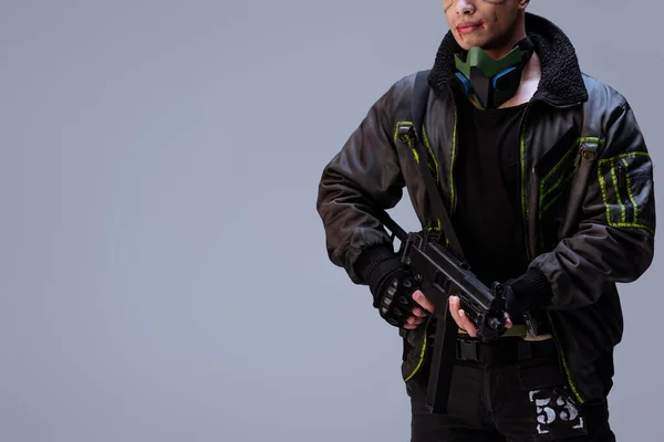 Cropped View Armed Racial Cyberpunk Player Holding Gun Isolated Grey — Stock Photo, Image