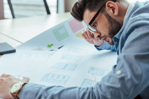 Селективный фокус концентрированного дизайнера пользовательского интерфейса в очках, глядя на тканые бумаги
