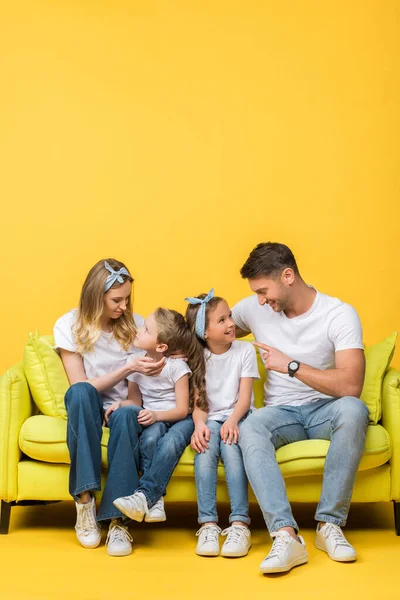 Happy Parents Talking Adorable Daughter Son While Sitting Together Sofa — Stock Photo, Image