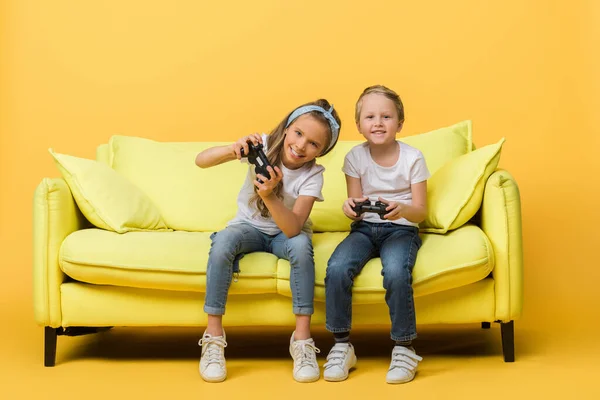 Kyiv Ukraine March 2020 Happy Siblings Playing Video Game Joysticks — Stock Photo, Image