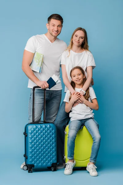 Happy Family Daughter Standing Travel Bags Map Tickets Passports Blue — Stock Photo, Image