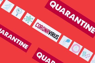 top view of quarantine and coronavirus lettering near drawn medical pictures isolated on red  clipart