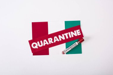 top view of test tube with blood sample near quarantine lettering on italian flag on white  clipart
