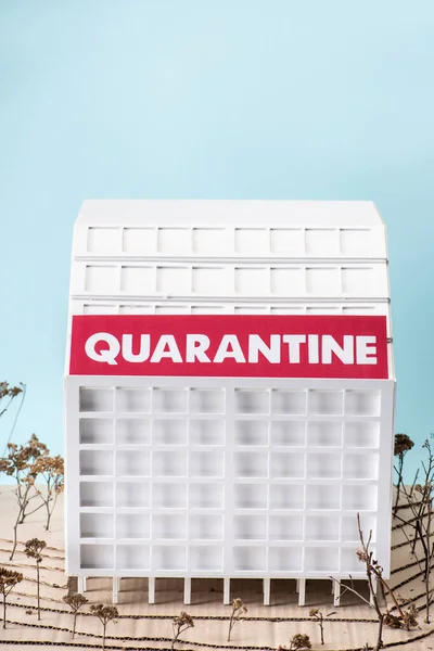 Kartonnen Ziekenhuismodel Met Quarantaine Letters Geïsoleerd Blauw — Stockfoto