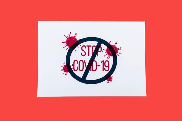 Top View Paper Stop Covid Lettering Isolated Red — Stock Photo, Image