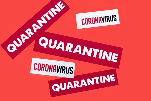 Top View Quarantine Coronavirus Lettering Isolated Red — Stock Photo, Image