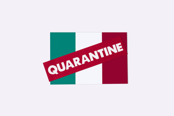top view of red card with quarantine lettering on italian flag isolated on white 