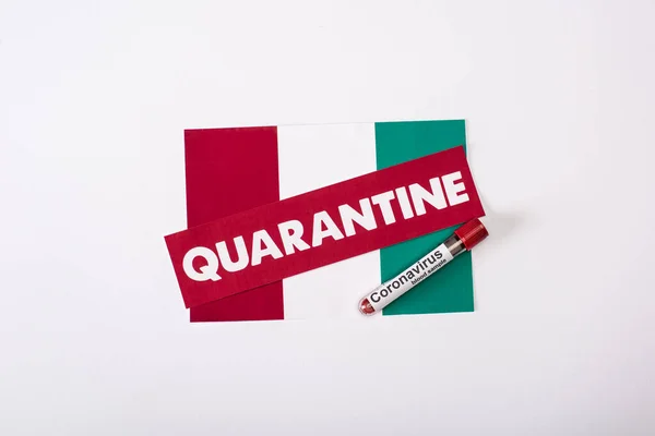 Top View Test Tube Blood Sample Quarantine Lettering Italian Flag — Stock Photo, Image