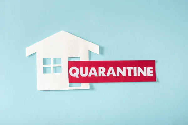 Top View Paper House Quarantine Lettering Blue — Stock Photo, Image