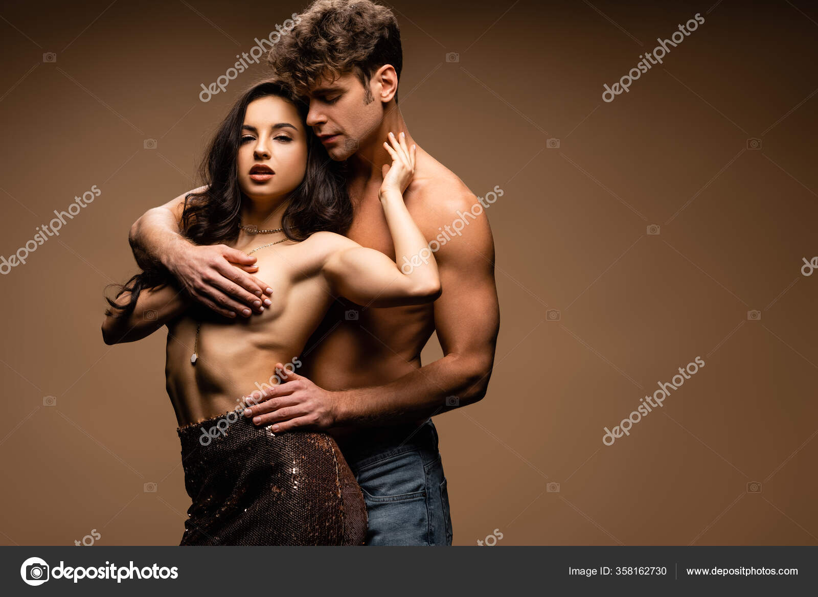 Seductive Boyfriend Covering Breast Sexy Half Naked Girlfriend Paillettes Skirt Stock Photo by ©VitalikRadko 358162730 pic