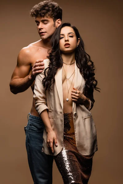 Sensual Shirtless Boyfriend Hugging Passionate Half Naked Girlfriend Beige Jacket — Stock Photo, Image