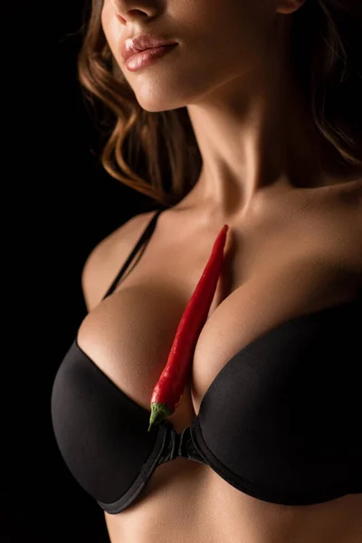 Cropped View Seductive Girl Red Hot Chili Pepper Big Breasts — Stock Photo, Image