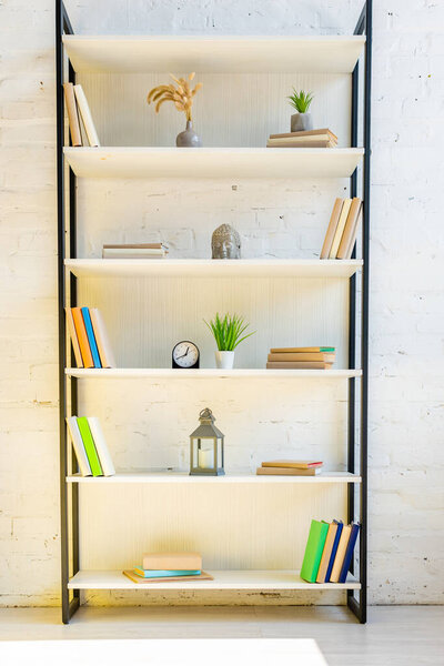 shelves with books, clock, lantern, house plants and buddha head