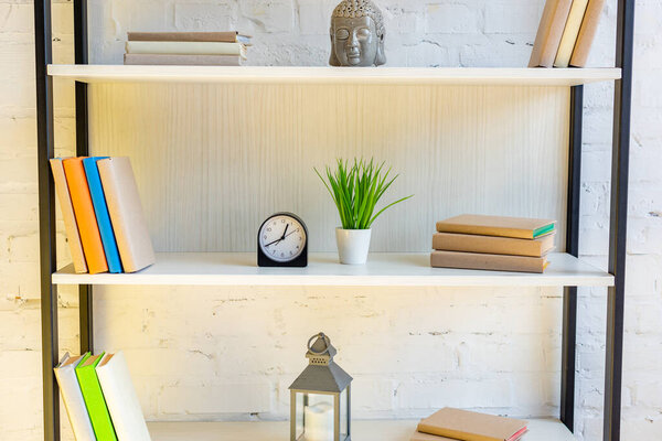 shelves with books, clock, house plant, lantern and buddha head