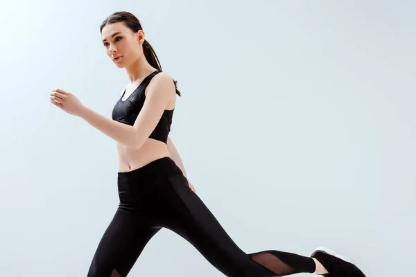 Beautiful Woman Black Sportswear Exercising Isolated White — Stock Photo, Image
