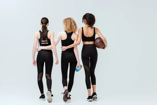 Back View Multicultural Girls Walking Sport Equipment White — Stock Photo, Image