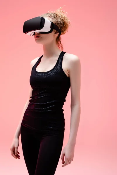 Sportive Woman Sportswear Virtual Reality Headset Pink — Stock Photo, Image