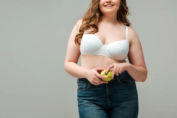 Vue Recadrée Femme Gaie Taille Jeans Soutien Gorge Tenant Pomme — Photo