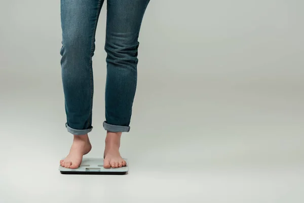 Cropped View Size Girl Jeans Standing Scales Grey — Stock Photo, Image