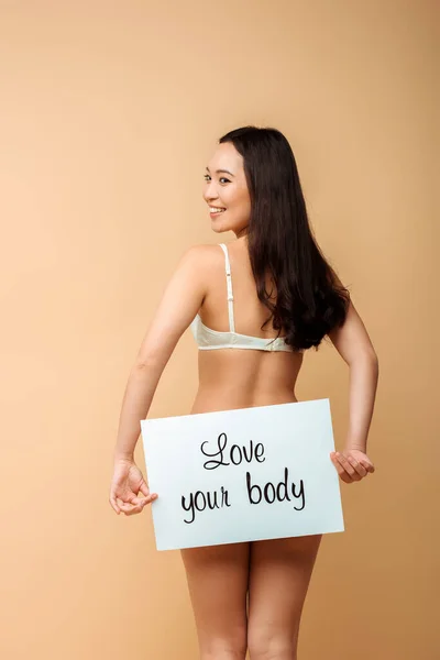 Cheerful Asian Woman Holding Placard Love Your Body Lettering Isolated — Stock Photo, Image