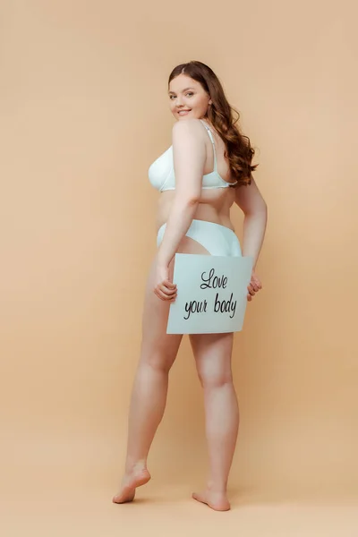 Size Woman Lingerie Smiling Showing Placard Love Your Body Lettering — Stock Photo, Image