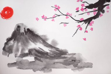 Japanese painting with sun, hill and Sakura branches on white background clipart