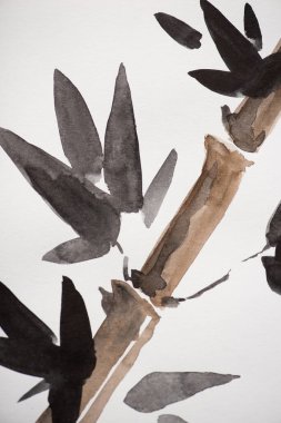 Japanese painting with bamboo and leaves on white clipart