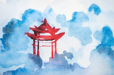 Tapınaklı ve mavi bulutlu Japon tablosu