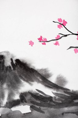 Gri tepeli Japon tablosu ve beyaz dallı Sakura 