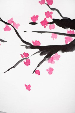 Beyaz arkaplanda çiçekli Sakura dalları olan Japon tablosu