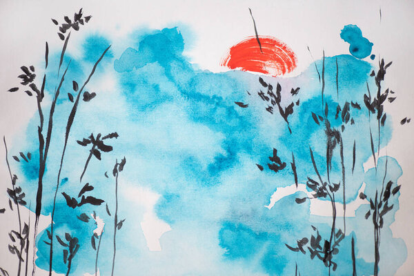 Japanese painting with blue sky, sun and branches on white background