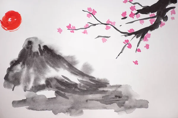 Japanese painting with sun, hill and Sakura branches on white background