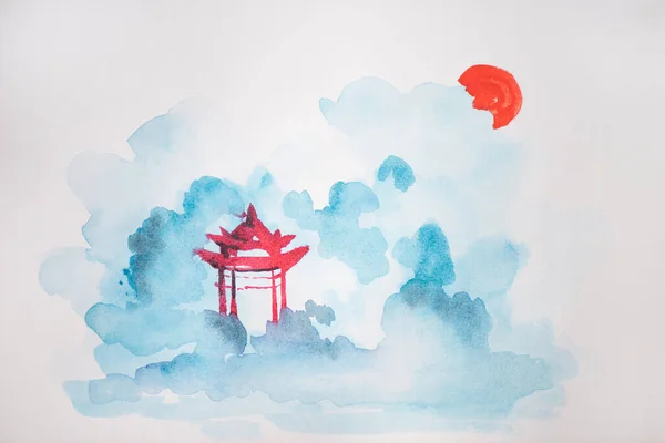 Japanese painting with temple on white background