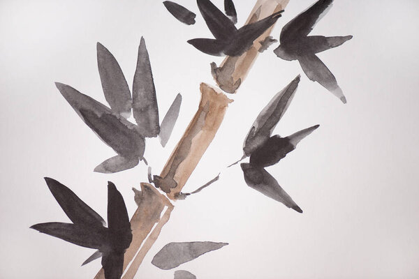 Japanese painting with bamboo and leaves on white background