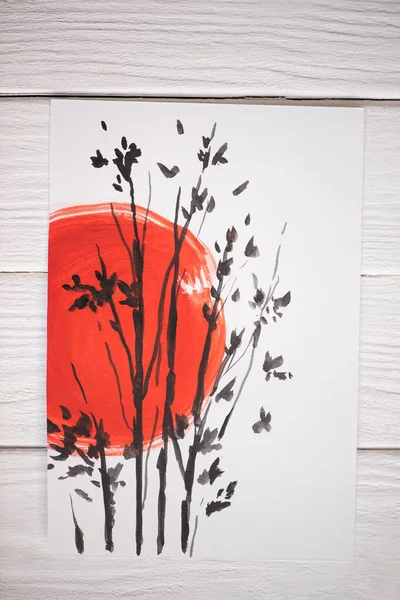 Top View Paper Japanese Painting Red Sun Branches Wooden Background — Stock Photo, Image