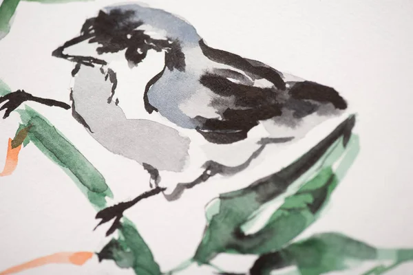 Japanese painting with bird on branch on white