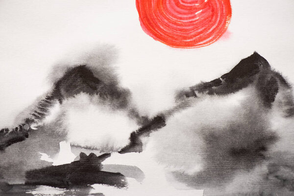 Japanese painting with hills and red sun on white background