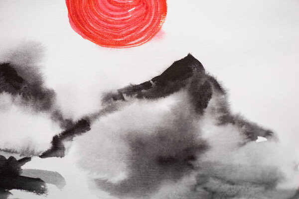 Японская живопись с холмами и красным солнцем на белом
 