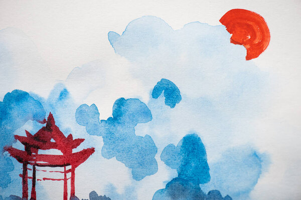 Japanese painting with temple, sun and clouds on white