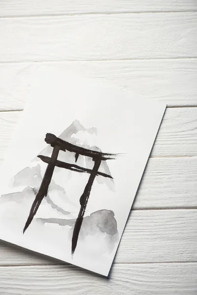 Papieroberseite Mit Japanischer Malerei Mit Schwarzer Hieroglyphe Auf Holzgrund — Stockfoto