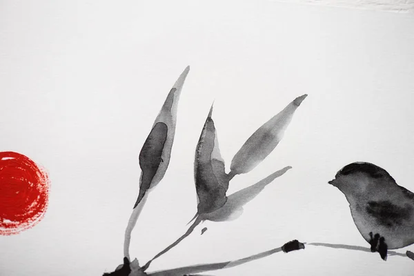 Japanese painting with bird on branch and sun on white background
